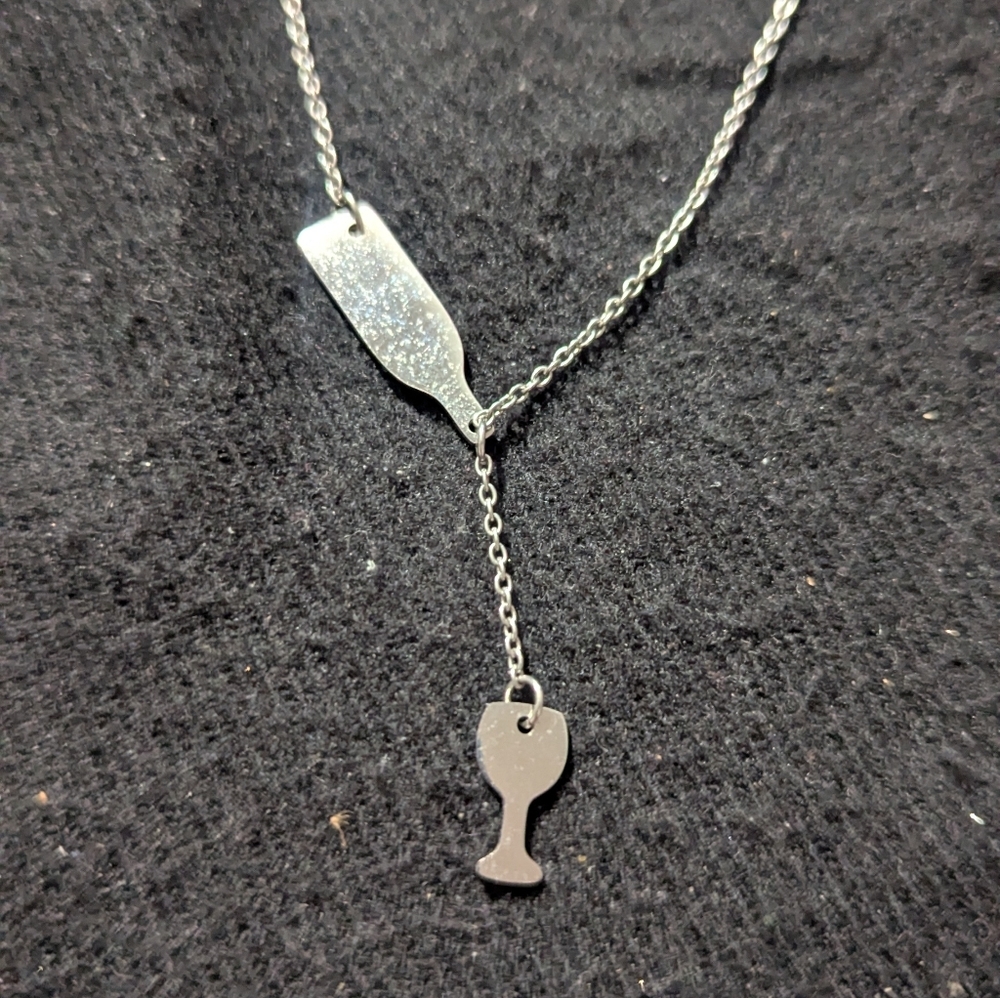 Silver Tone Wine Glass And Bottle Charm Pendant Statement Necklace